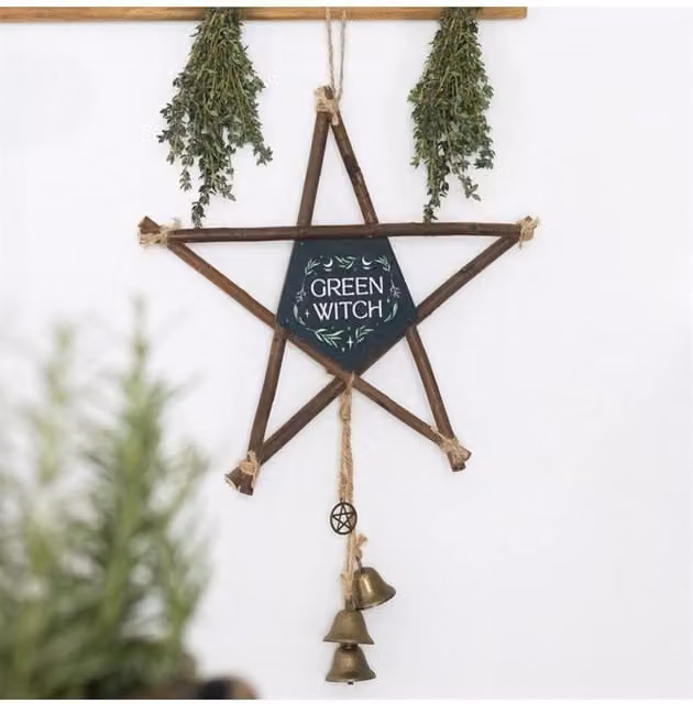 KDMD Green Witch Hanging Willow Pentagram Pendant with Bells