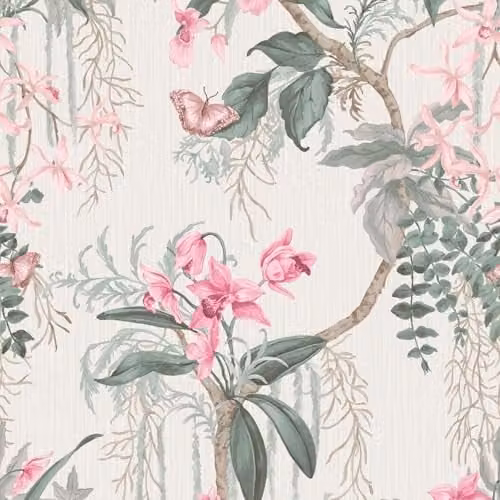 Belgravia Suki Floral Tropical Lush Textured Wallpaper with Butterflies in Pink and Cream