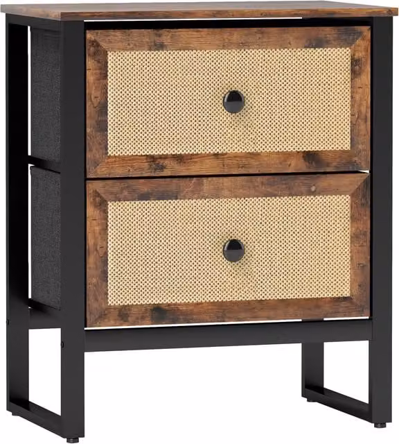 HOMCOM Bedside Table with 2 Rattan Drawers and Steel Legs in Rustic Brown