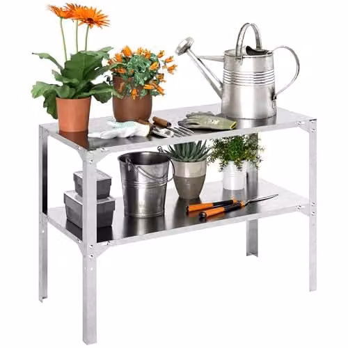 Outsunny 2 Tier Metal Potting Bench Work Table in Silver Tone, W/D/H: 110 x 50 x 75 cm
