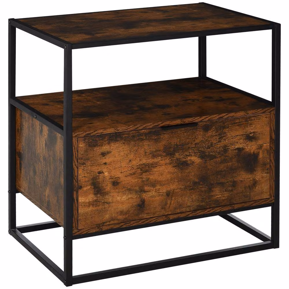 HOMCOM Industrial-Style Side Table with Drawer and Open Shelf, Black and Brown – 2