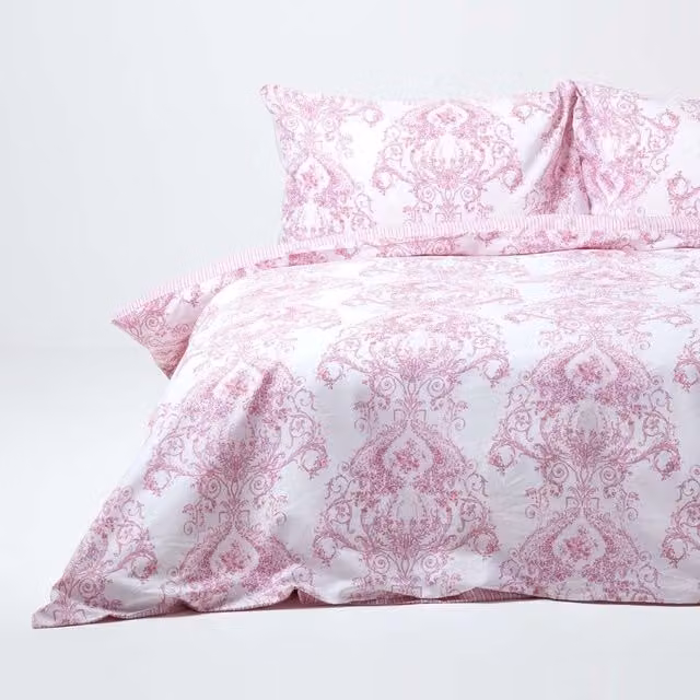 Homescapes Reversible Pink and White Cotton Duvet Cover and Pillowcase Set