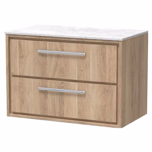 Balterley Wall Hung Bathroom Vanity Unit with 2 Soft Close Drawers and White Marble Worktop, Light Oak, W: 81.0 cm, D: 46.0 cm, H: 53.9 cm