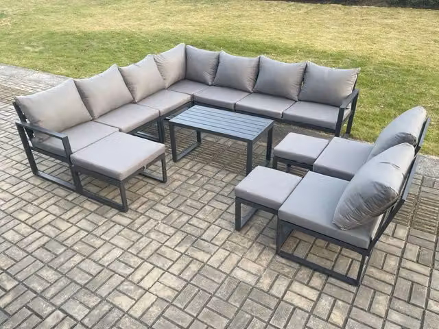 Fimous 12 Seater Aluminium Outdoor Garden Furniture Set in Dark Grey with L-Shape Corner Sofa, Oblong Coffee Table and 3 Footstools