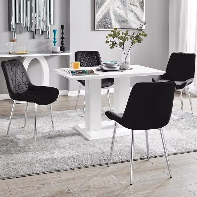 FurnitureboxUK Imperia 4 Seater Dining Set with White High Gloss Rectangular Table and 4 Black Persaro Velvet Chairs – 1