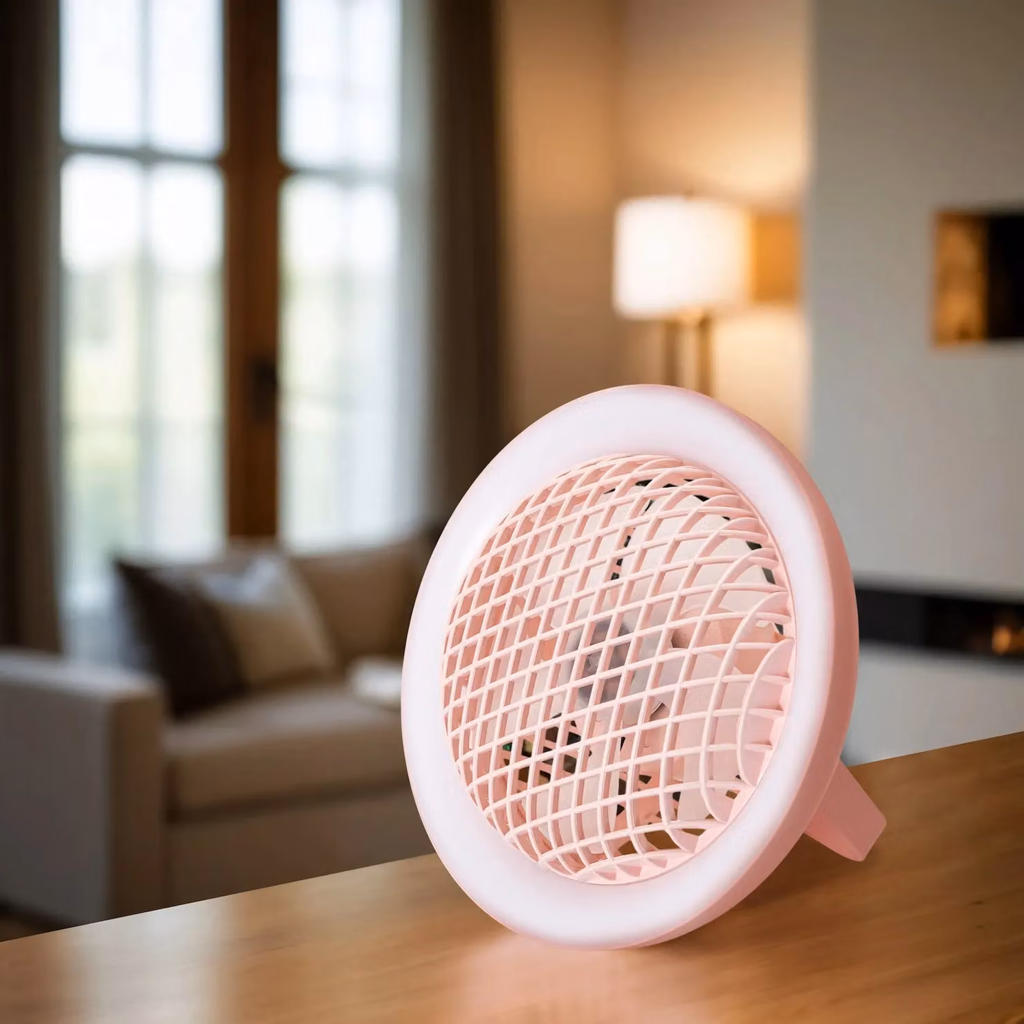 Happy Homewares Rechargeable 3 Speed Desk Fan with Dimmable LED Halo Ring Light, Pink – 2