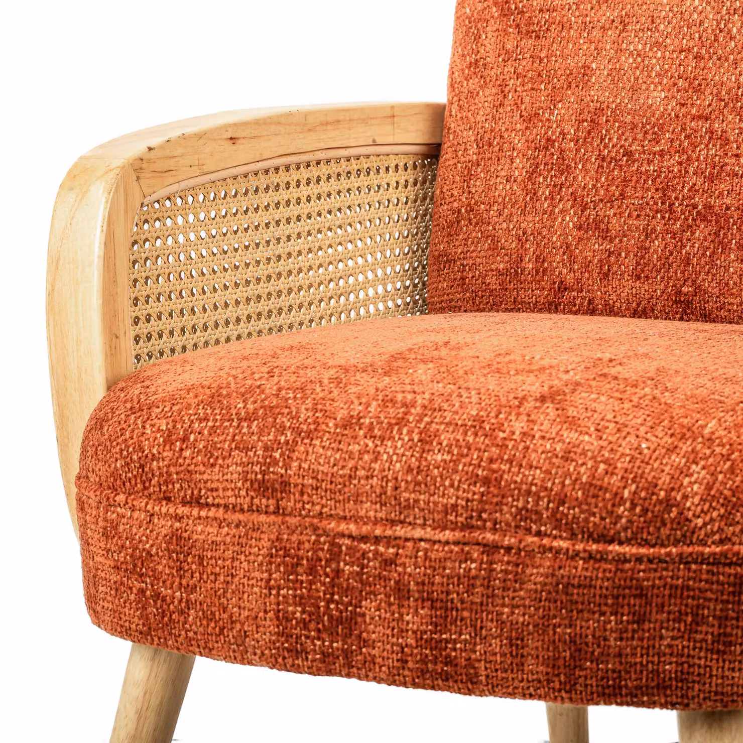 Nordlys Scandinavian Lounge Armchair with Red Fabric and Solid Wood Rattan Frame – 4