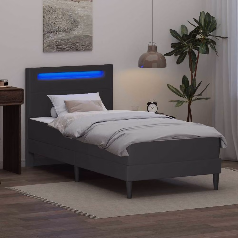 Berkfield Home Upholstered Grey Faux Leather Bed Frame with Under-Bed LED Strip Lights, W/D/H: 90 x 190 cm – 3