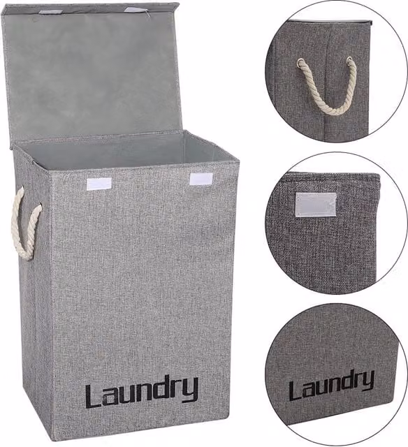 Livingandhome Grey Cotton Flax Foldable Dirty Clothes Storage Hamper with Lid and Handles