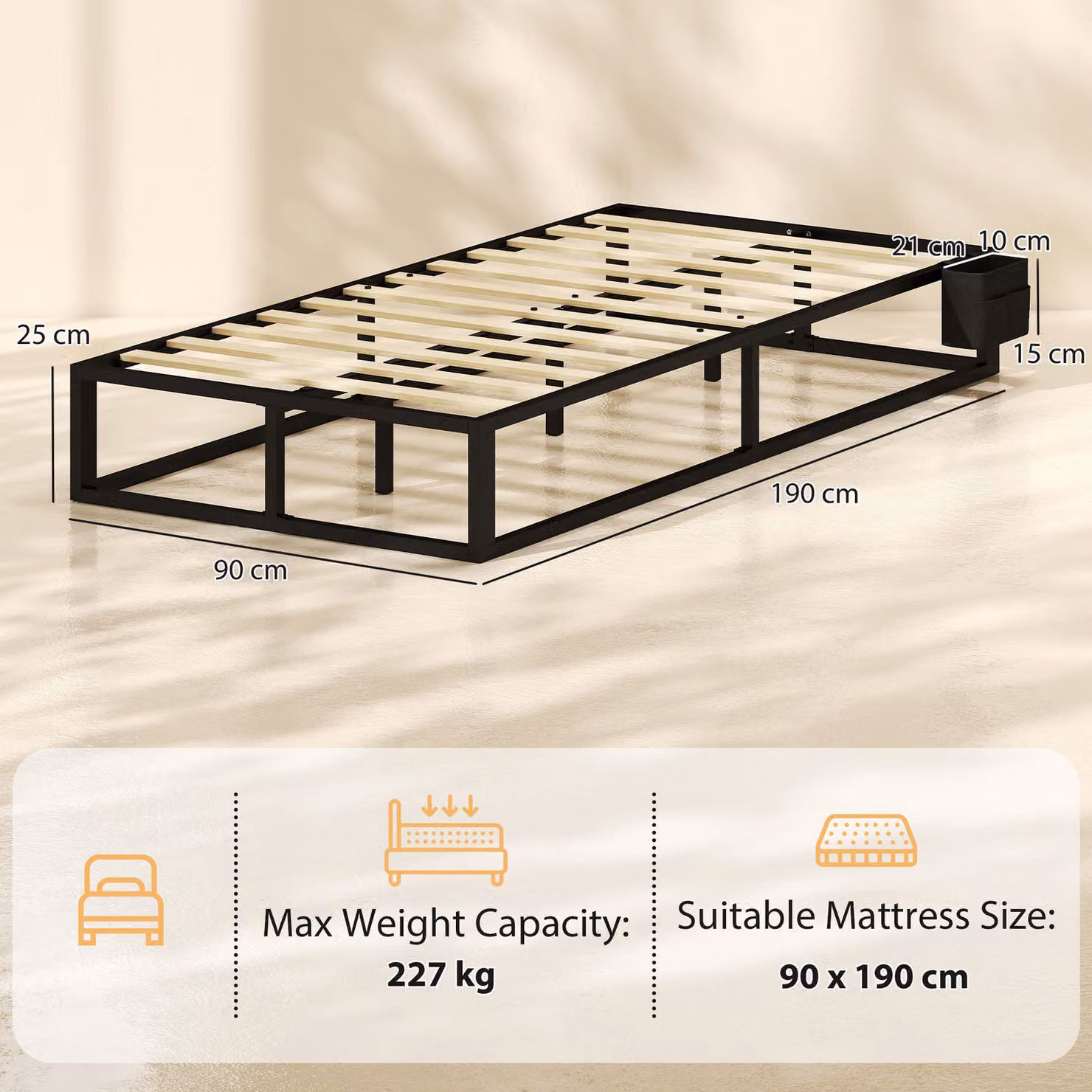 HOMCOM 3ft Single Metal Platform Bed Frame with 12 Slats and Side Storage Compartments, Black, W/D/H: 90 x 190 x 25 cm – 3