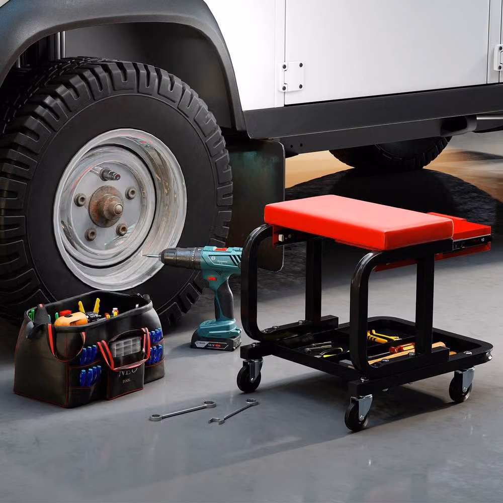 Costway Rolling Workshop Creeper Seat Padded Mechanic Stool with Drawer and Shelf in Red and Multicolour – 7