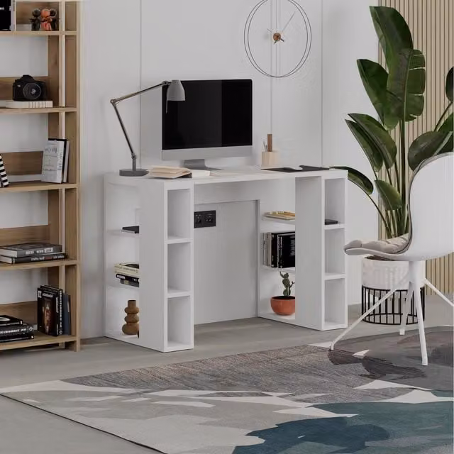 Decortie Colmar White Writing Desk with 3 Open Shelves W: 106 cm, H: 75 cm, D: 50 cm