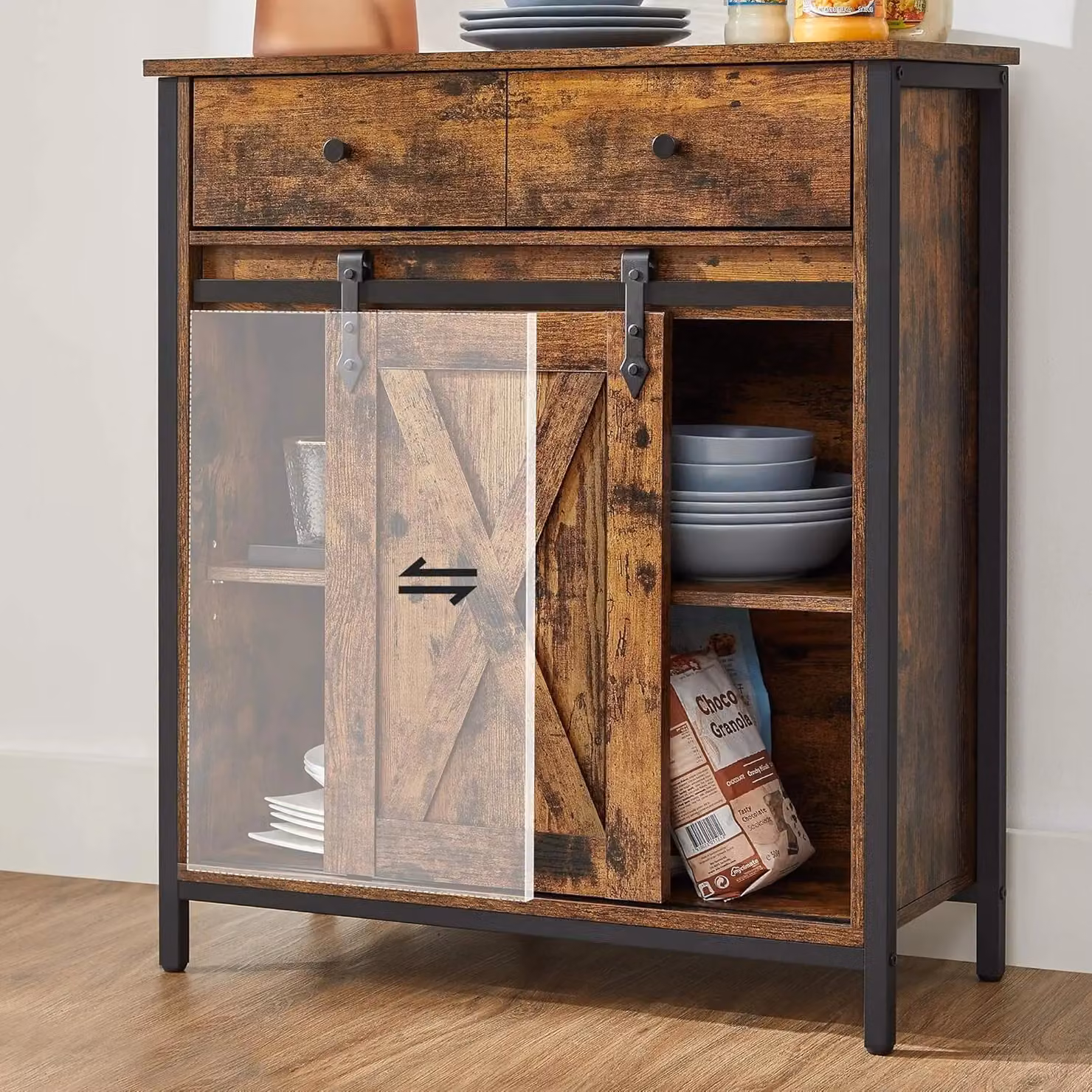 VASAGLE Industrial Storage Cabinet and Sideboard with Drawer and Sliding Door in Brown – 4