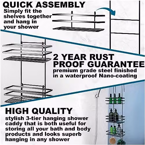 Direct Online Houseware 3 Tier Hanging Shower Caddy and Organiser, Black Metal – 3