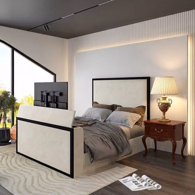 KDMD Woldingham Upholstered Electric Media TV Bed Frame in Black and Cream White, Super King Size