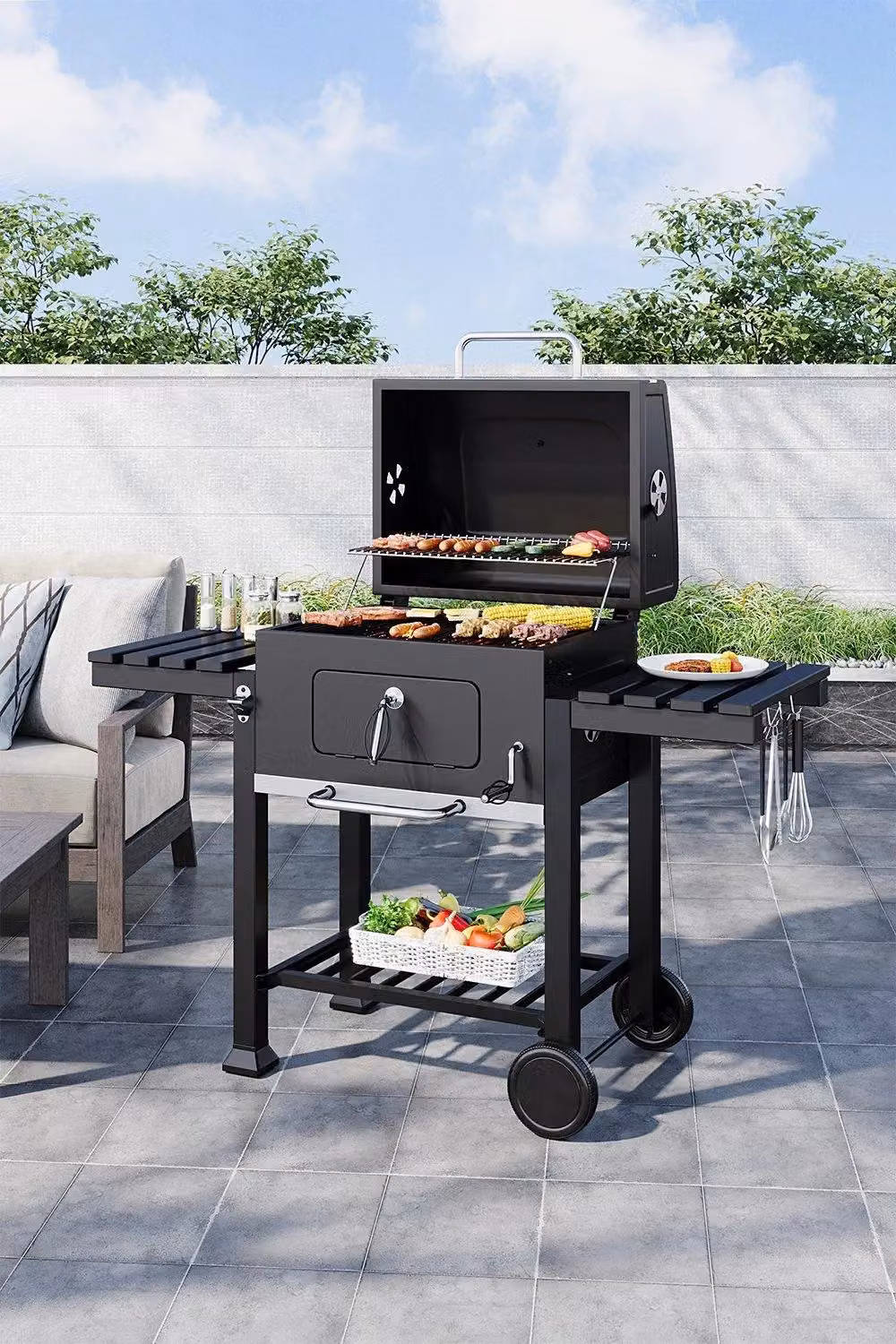 Garden Sanctuary Black Carbon Steel and Stainless Steel Charcoal BBQ Grill with Wheels, W/D/H: 138 x 108 x 108 cm – 2