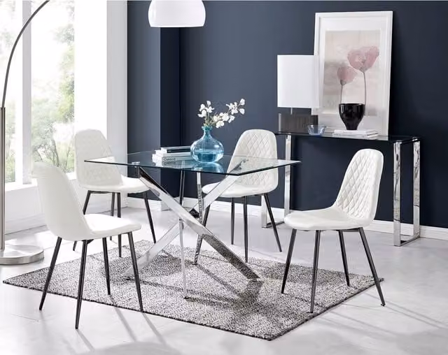 FurnitureboxUK Leonardo Dining Set with White Rectangular Glass Table and Four Corona Black Metal Chairs