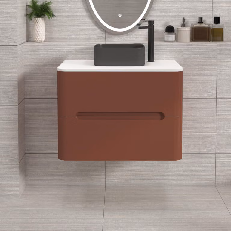 Royal Bathrooms Venice 700mm Wall Hung Vanity Unit in Terracotta Clay with 2 Drawers, Plain White Worktop and Art Square Basin