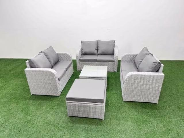 Fimous 7 Seater PE Wicker Rattan Garden Furniture Set in Light Grey with Square Coffee Table, 2 Seater Love Sofa and Large Footstool