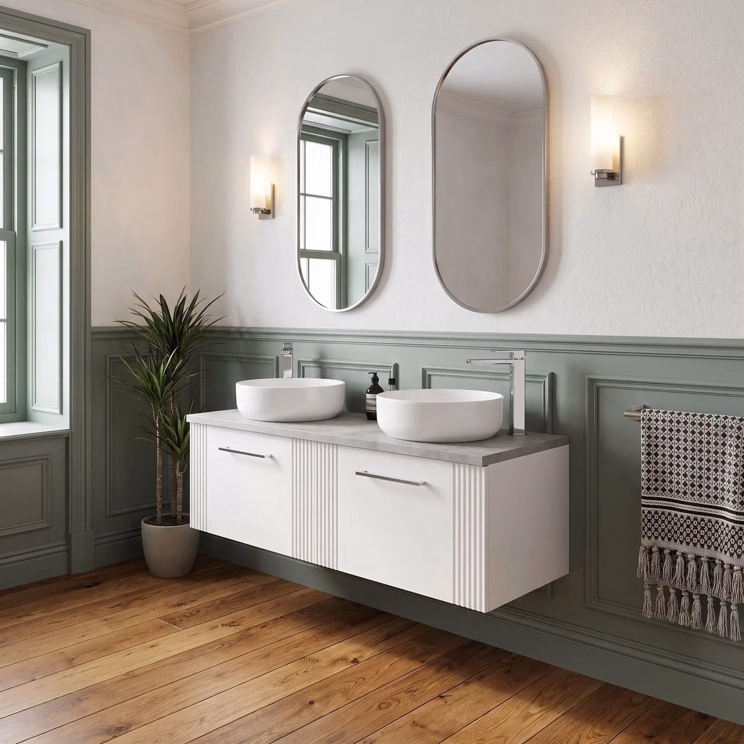 Balterley 2 Drawer Wall Hung Vanity Unit with Grey Laminate Worktop, White, Width: 120 cm – 2