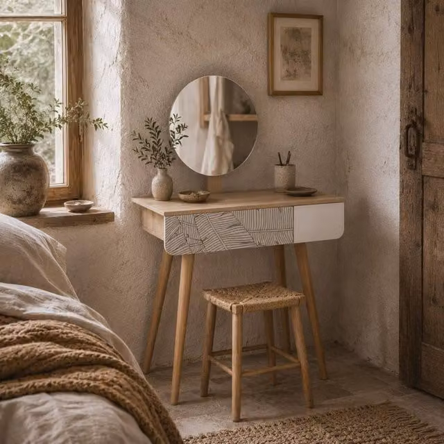 Wyld Haus Zino Oak Colour Dressing Table with Adjustable Round Mirror and Drawer