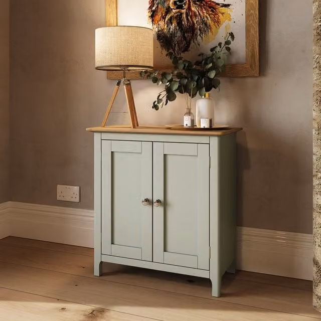 FWStyle Oak 2 Door Compact Sideboard with Metal Knob Handles in Sage Green