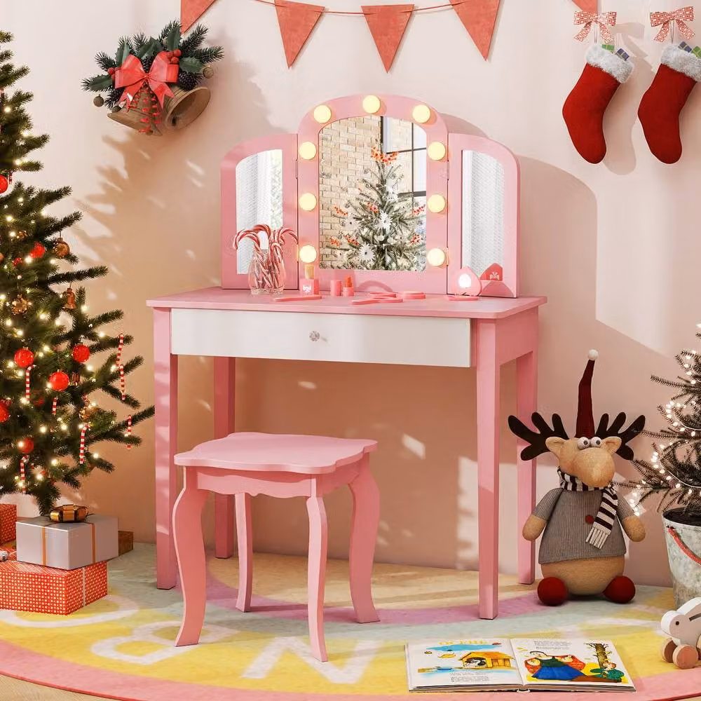 Gymax 2-in-1 Princess Vanity Table and Stool with Tri-Folding Lighted Mirror in Pink – 2