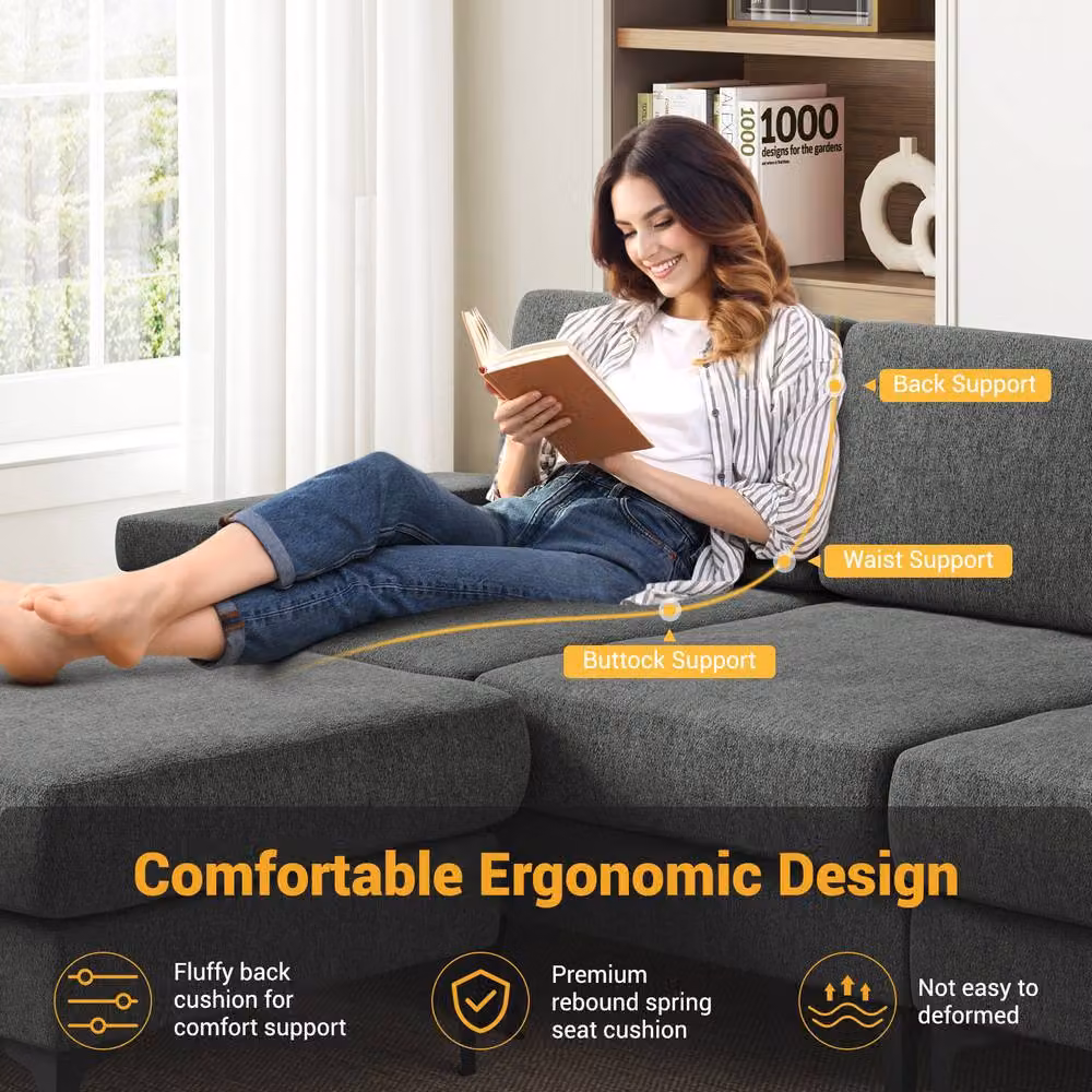 Dprodo 4 Seater L-Shape Corner Sofa Set in Dark Grey Chenille Fabric – 6