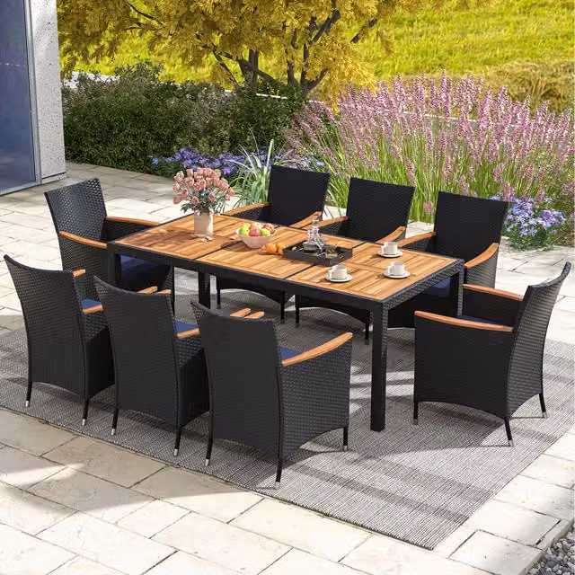 Costway 9 Piece Modern Blue Patio Dining Set with Acacia Wood and Rattan