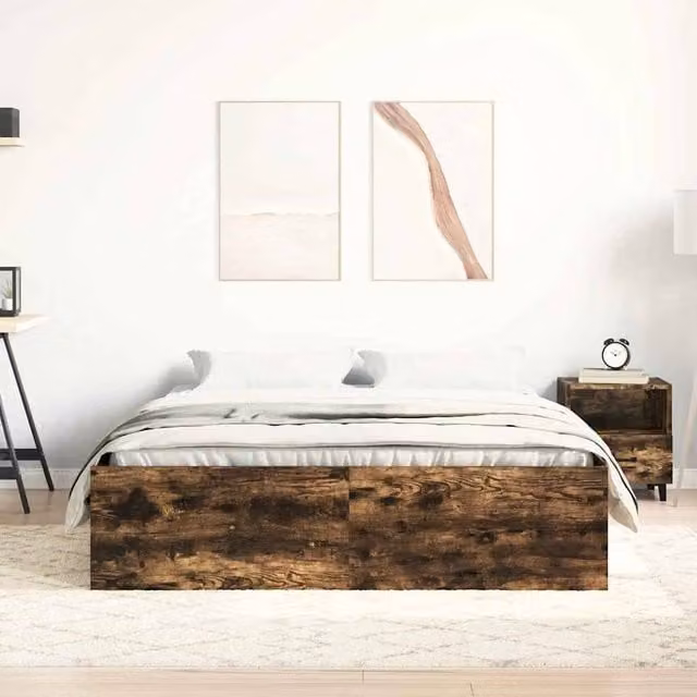 Berkfield Home Modern Bed Frame in Smoked Oak and Brown, W/D/H: 140 x 200 x 35 cm