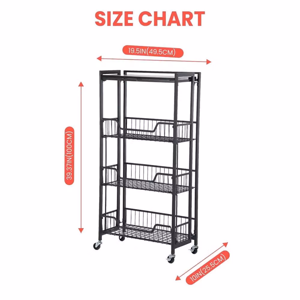 VOGREX 4 Tier Foldable Kitchen Trolley on Wheels in Matt Black – 2