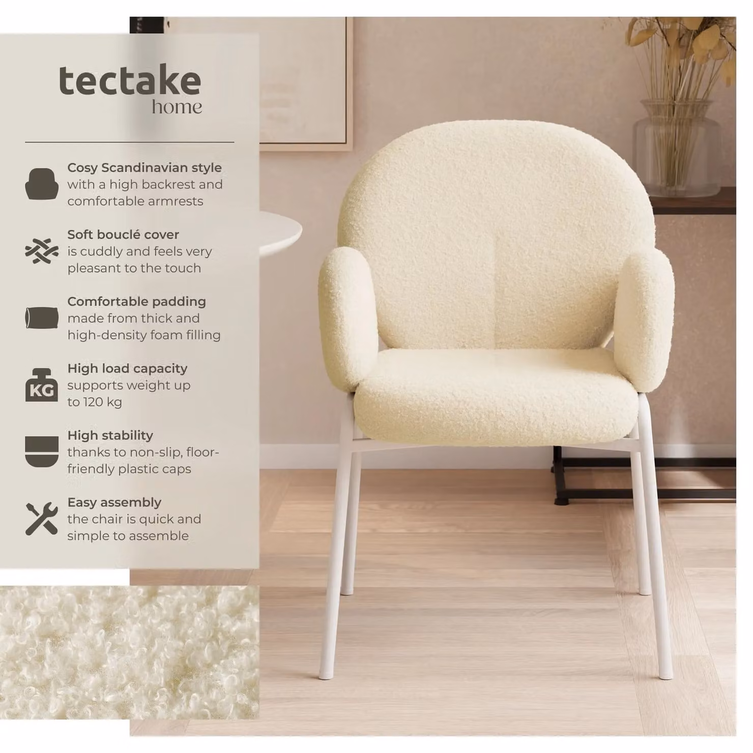 tectake Set of 2 Scandinavian Bouclé Dining Chairs in Beige – 2