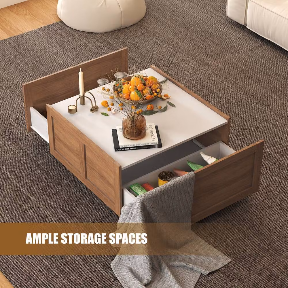 KEEPREAPER Mid-Century Farmhouse Square Coffee Table with 2 Storage Drawers in Light Brown – 4