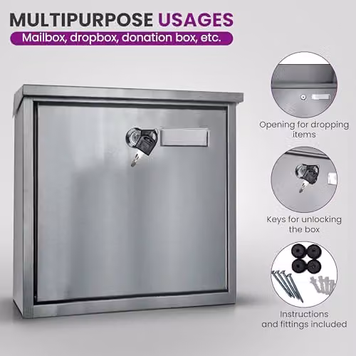 Furnished Stainless Steel Wall Mounted Outdoor Post Box with Cylinder Lock, Silver – 3