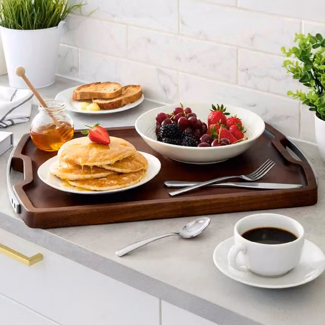Sur La Table Solid Wood Rectangular Serving Tray with Handles, Brown