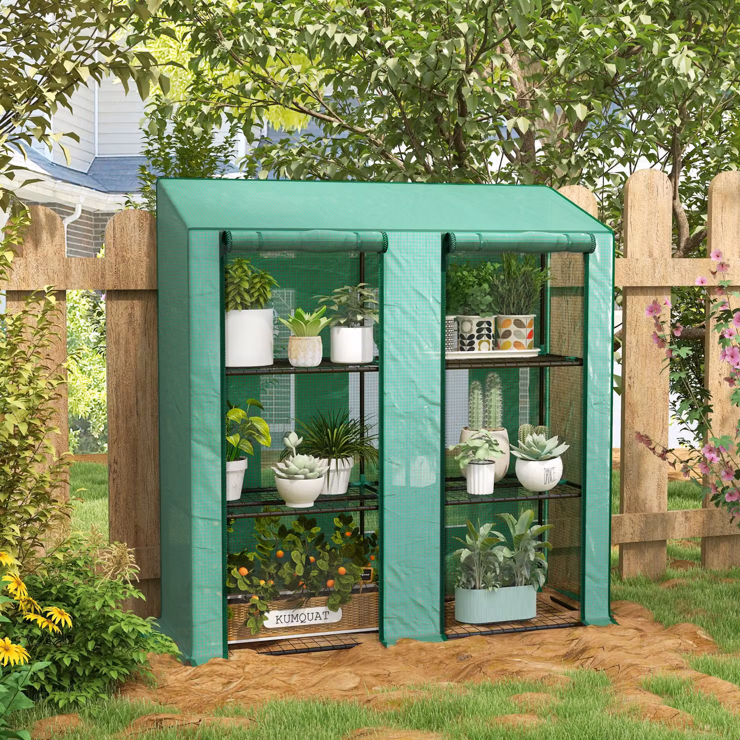 Outsunny Green Three-Shelf Mini Lean-to Greenhouse W/D/H: 46 x 46 x 143 cm – 2