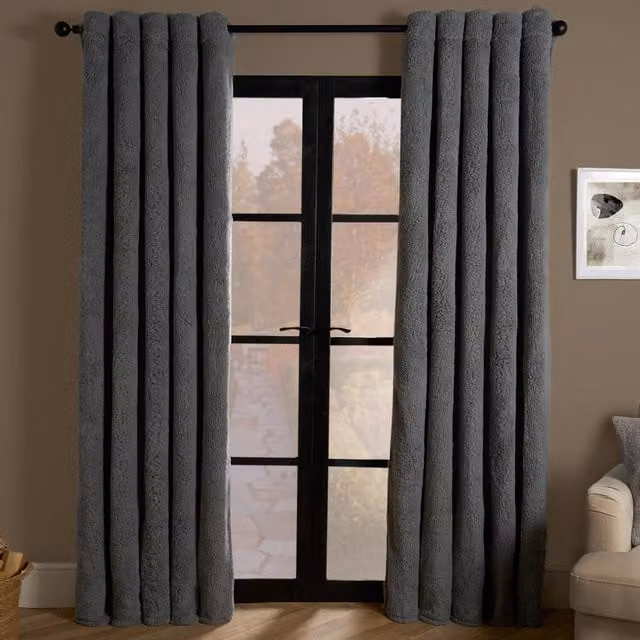OHS Grey Teddy Fleece Thermal Eyelet Curtains, W: 137 cm, H: 168 cm