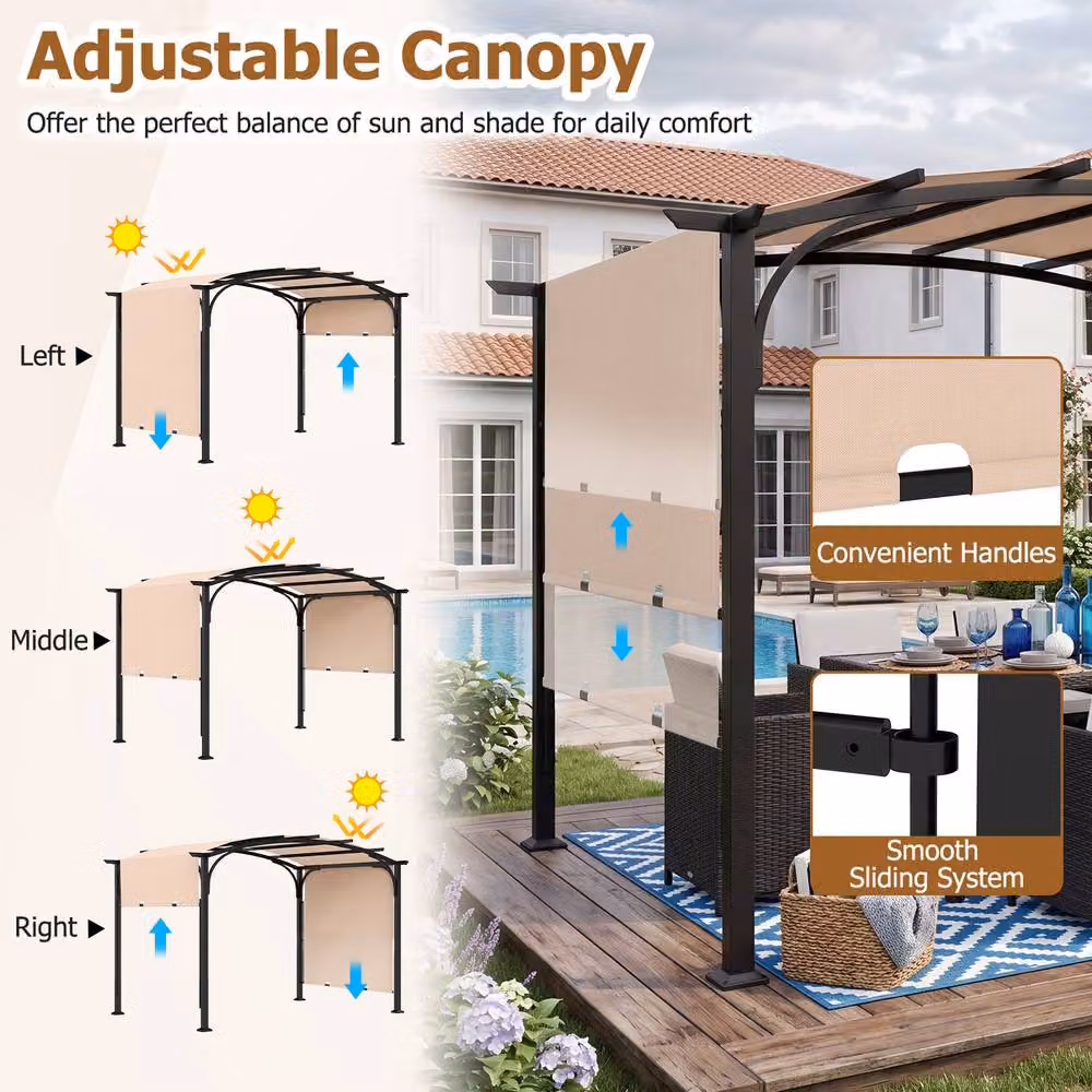 Gymax Retractable Arched Garden Pergola with Beige Polyester Canopy, W: 304.8 cm, D: 243.84 cm, H: 233.0 cm – 2
