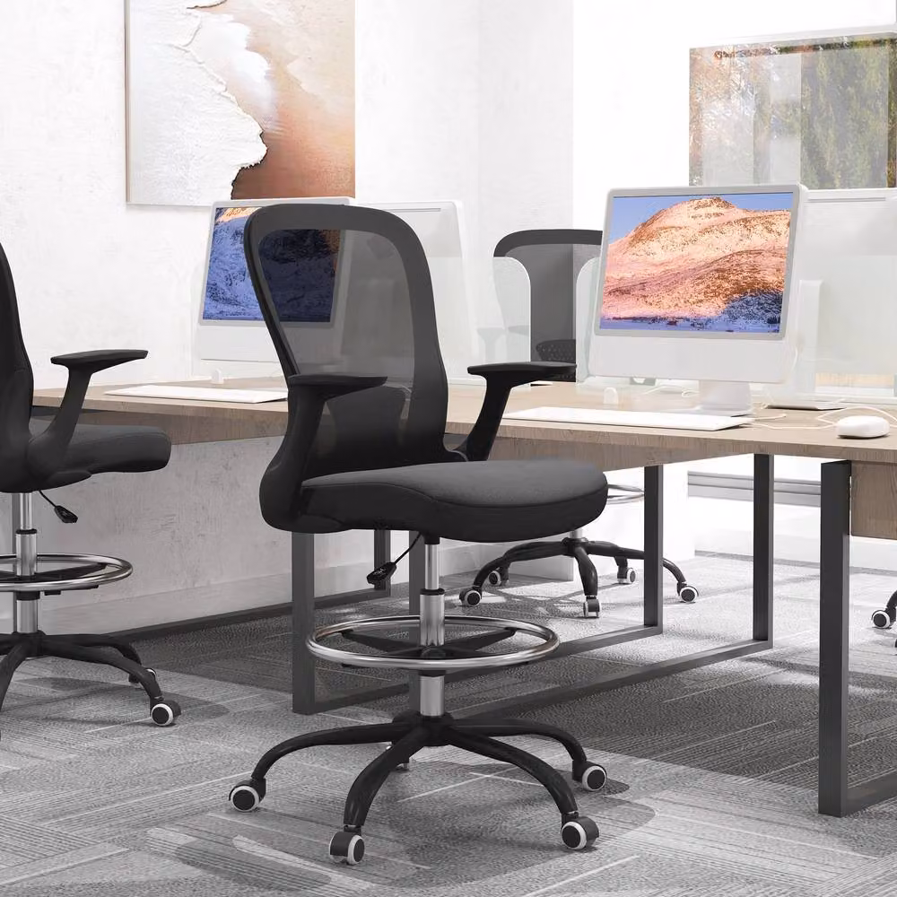 STILVORA Black Fabric Draughtsman Chair with Flip-up Armrests and Foot Ring – 2
