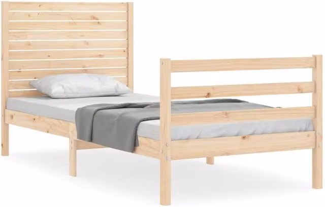 Berkfield Home Small Single Solid Wood Bed Frame with Headboard in Beige Pine – 1