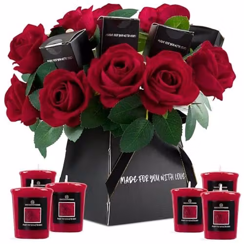 DECO EXPRESS Rose Scented Votive Candle and Artificial Flower Gift Set in Red and Multicolour