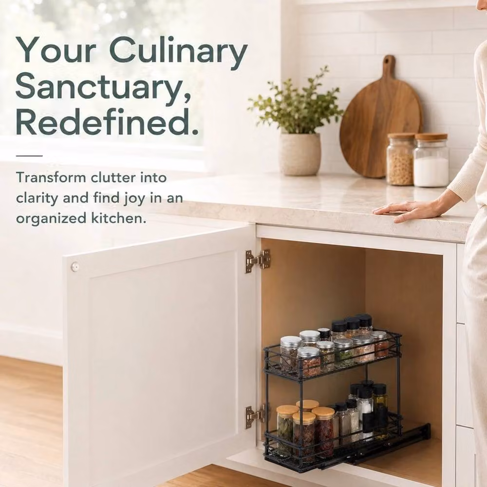 Kelvenix 2-Tier Metal Pull Out Spice Rack with Sliding Shelf in Black – 3
