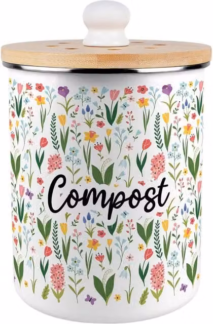 Purely Home Spring Flowers Compost Caddy Metal and Ceramic Kitchen Food Waste Bin with Flip Lid, 2 l, Green and Multicolour