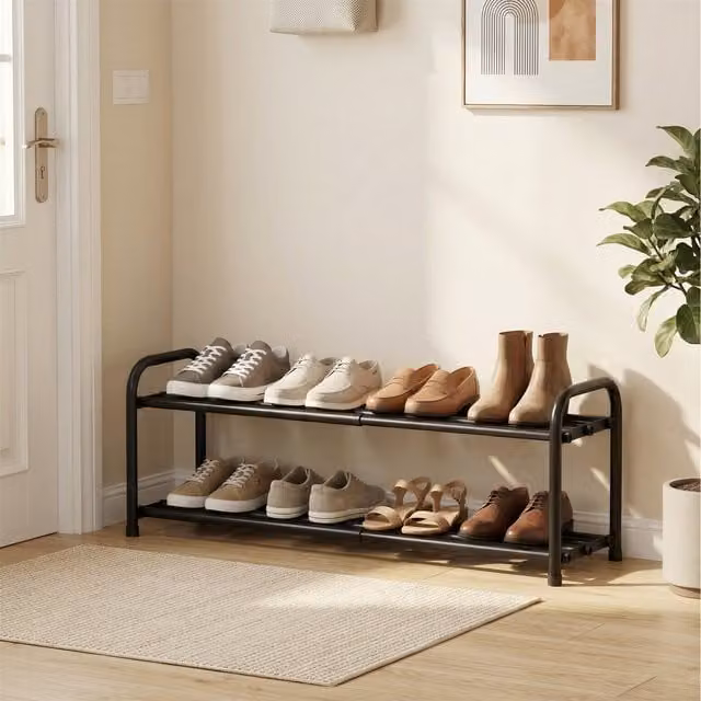 SONGMICS 2 Tier Expandable Metal Shoe Rack and Storage Organiser in Black