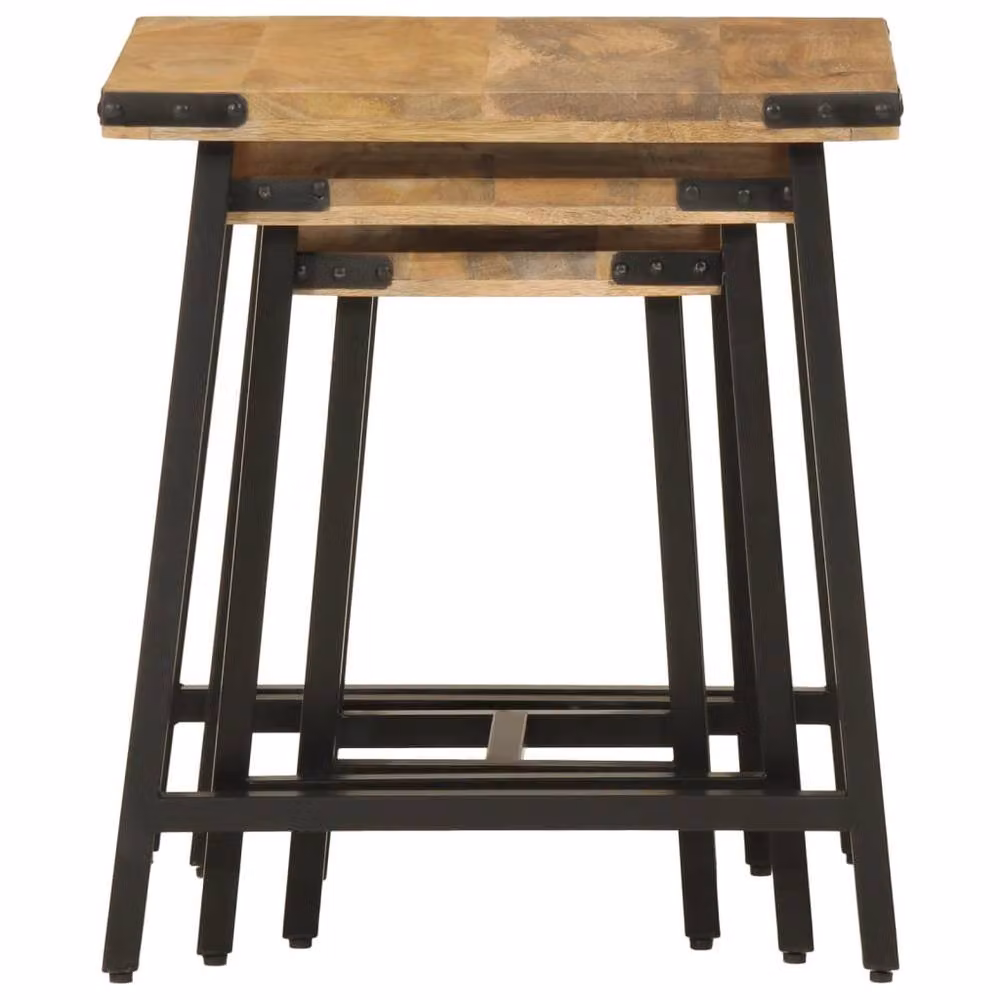 Berkfield Home Nesting Coffee Tables, Set of 3, Brown Mango Wood and Black Iron – 4