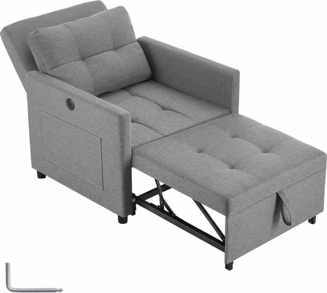 tectake Toyama 3-in-1 Recliner Sleeper Chair with 6-Way Adjustable Backrest and Ottoman Extension in Grey