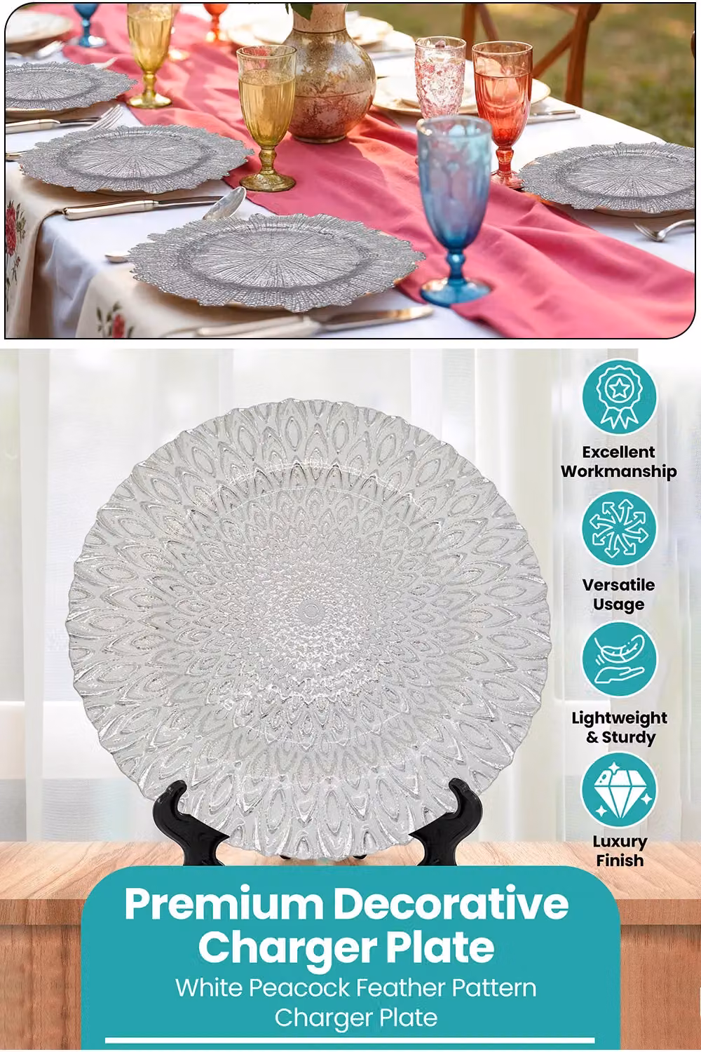 Neel Blue Set of 12 Peacock Design Glass Charger Plates in Blue and Silver, Diameter: 33 cm