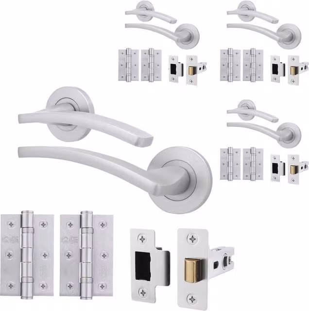 AFIT Satin Chrome Door Handle Latch and Hinge Set in Silver, 4 Pack – 1