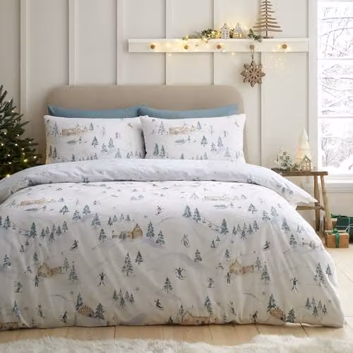 Dreams & Drapes Ski Village Single Duvet Cover Set in Beige and White Polycotton Bedding, Includes 1 Duvet Cover (W: 140 cm, H: 200 cm) and 1 Pillowcase (W: 50 cm, H: 75 cm)