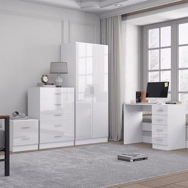 REFLECT Furniture Bundle including 2-Door Wardrobe, Chest of Drawers, Bedside Table and Desk in White Gloss and Matt White